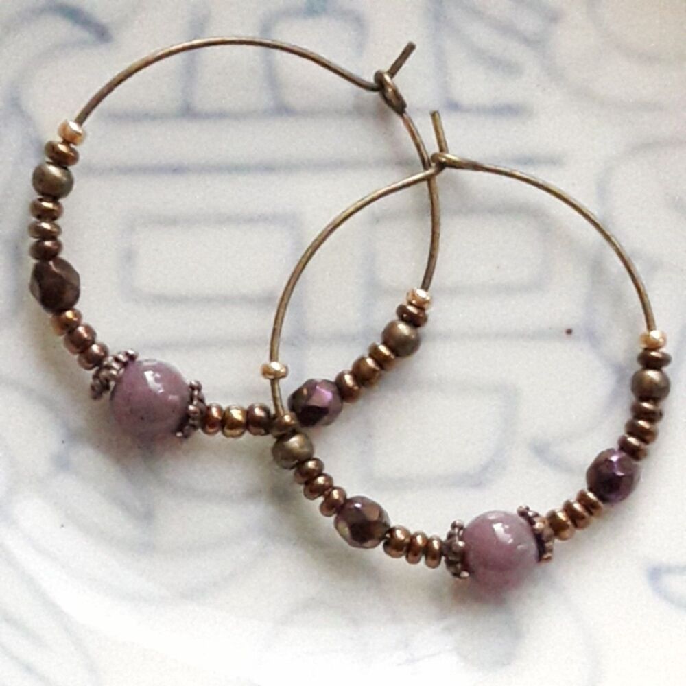 Purple Glass Antique Bronze Hoops Hidden Meaning earrings Glitchy Glam  497■